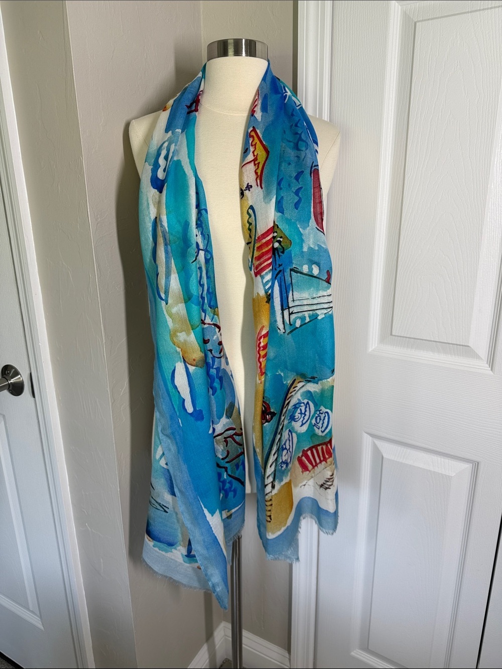 Lily O’s “Little Joie de Vivre” by Tom Vieth scarf sailboat scene art to wear